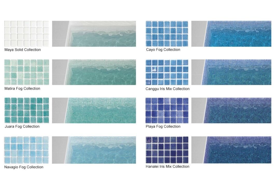Comparaison des couleurs d'eau de piscine selon les différentes couleurs de mosaïque