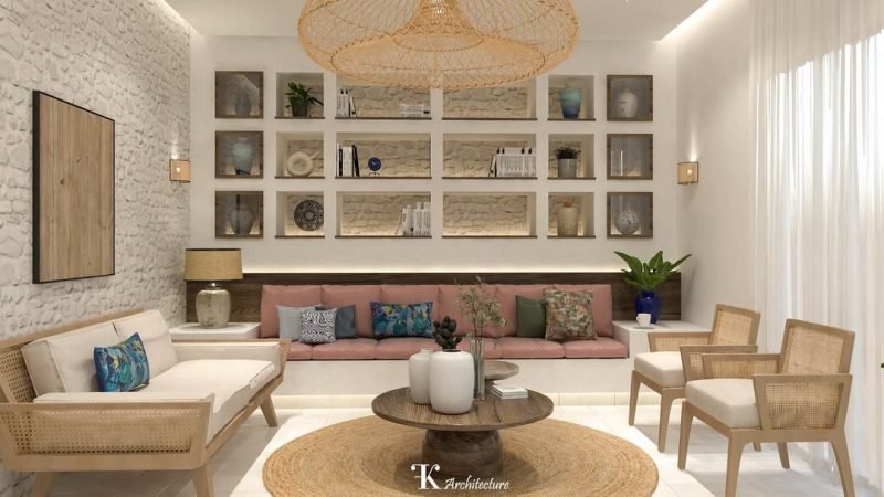 SALON #fkarchitecture #architecture #amenagement #salon #villa #perspective #couleurs #materiaux #texture #ambiance #pierre #bois #reflexion #cosy